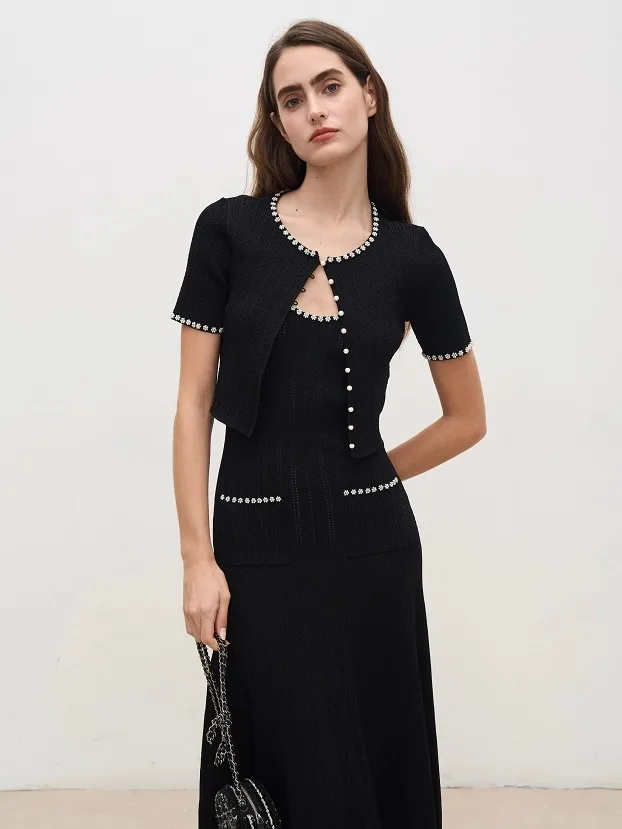 

Early Autumn SD25 Short Sleeve Knitted Cardigan Dress Floral Bead Embellishment Small Fragrance Style Backless High Waist