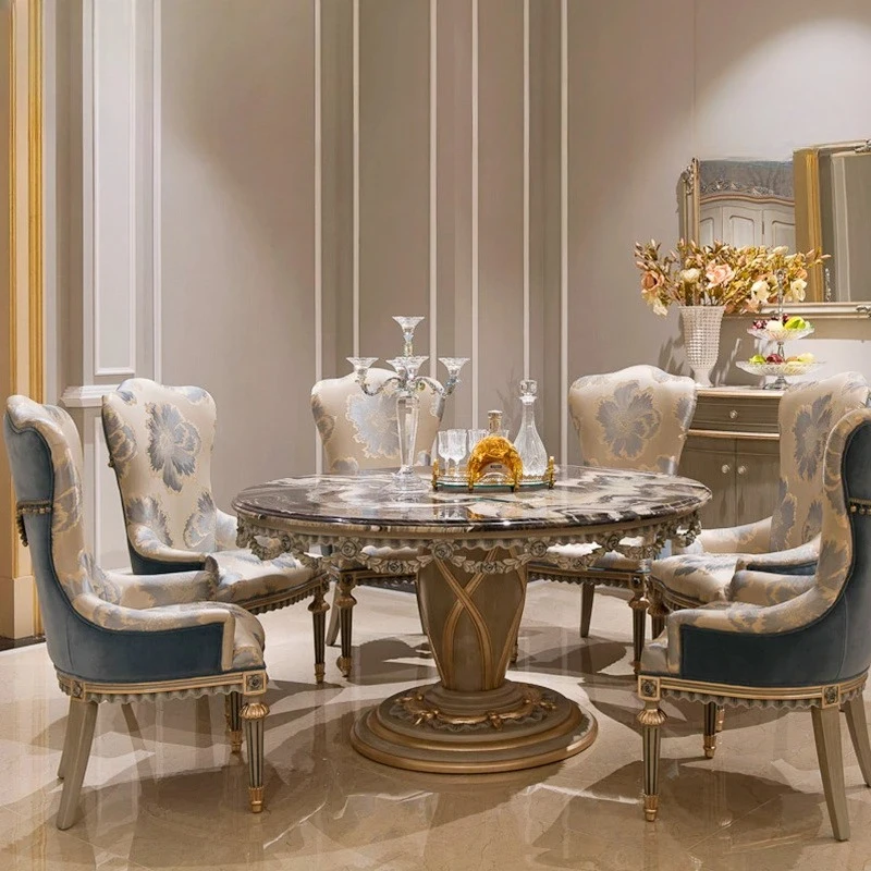 

Европейский обеденный стол и стул из цельного дерева, современный простой бытовой мраморный стол, американский круглый обеденный стол