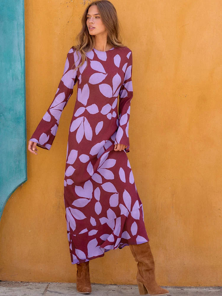 

JULISSA MO Printed Tie Dye Round Neck Women Maxi Dress Pink Long Sleeve High Waist Dress Autumn Slim Elegant Party Evening Dress