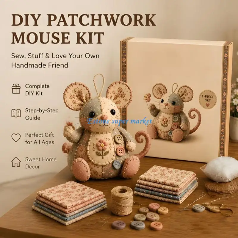 090B Old Patchwork Mouse Making Set With blossomy Patterns And Wooden Belly Button