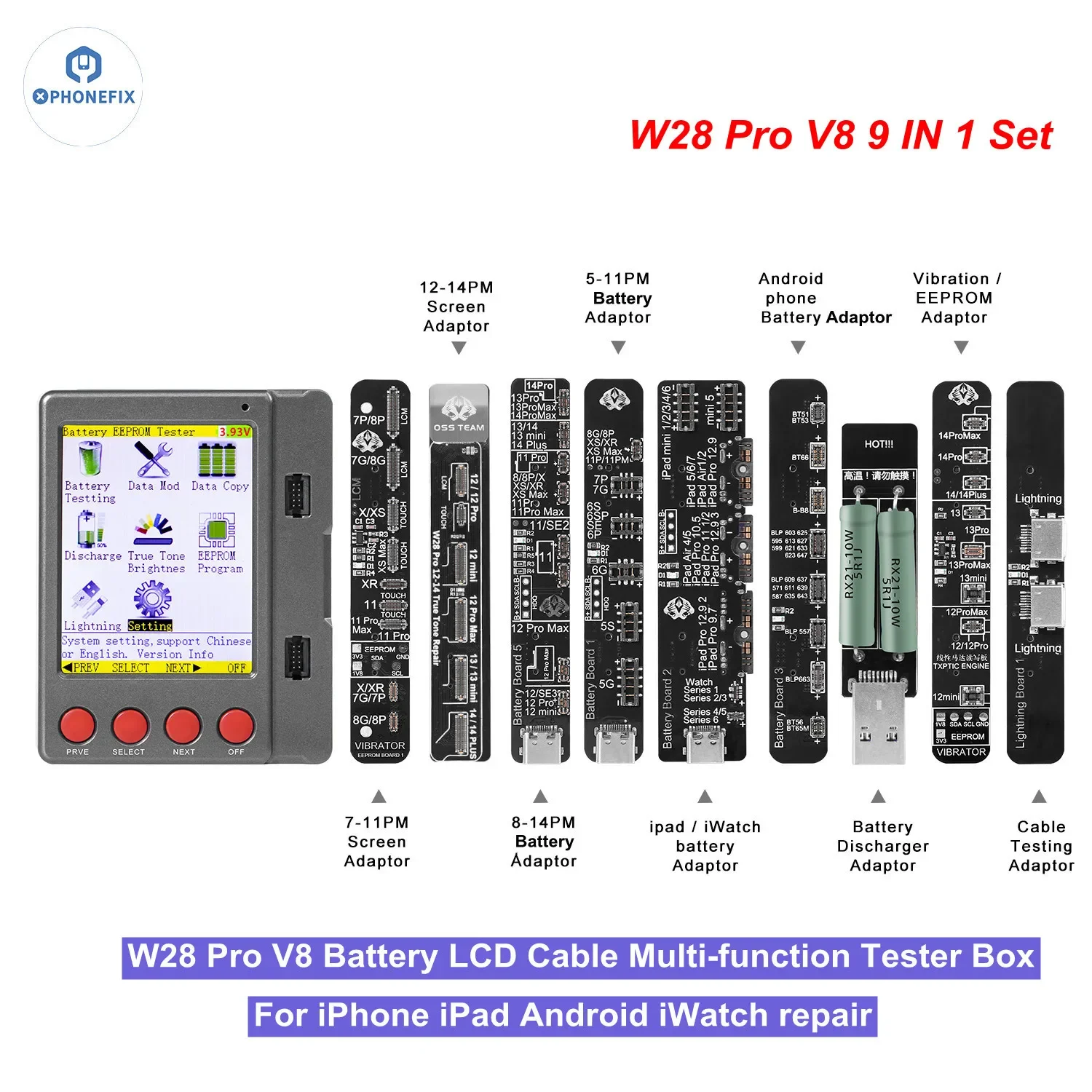 OSS W28 Pro V8 Multi-funtional 9in1 LCD Screen Battery Tester Machine For iPhone 7-14 Huawei iPad Test True Tone Battery Repair