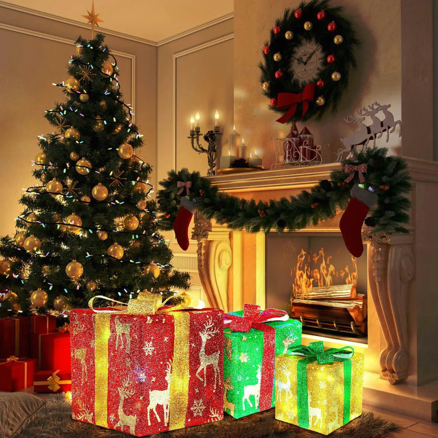 

3-Piece Christmas Gift Box Set - Waterproof Decor with Ribbons & Bows, 50 Lights for indoor & Outdoor Holiday Decor