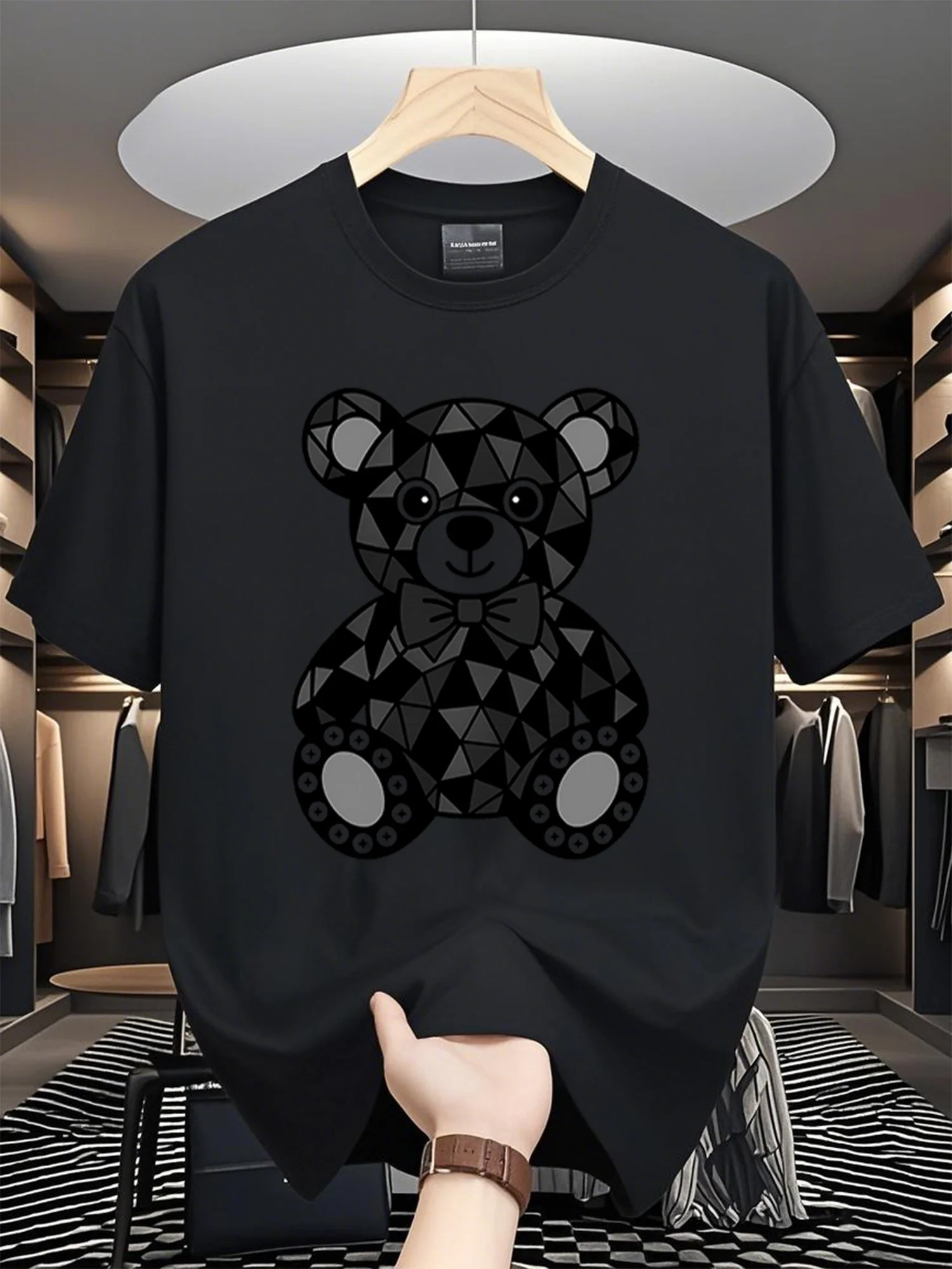 Men's T-shirt, Men's Shirt, Men's Clothing, Men's Tee, Geometric Bear, Black and White T-shirt, Modern Printed Pattern, High-quality Print, Crew Neck, Loose Fit, Unisex, Breathable, Versatile, Machine Washable, Comfortable.