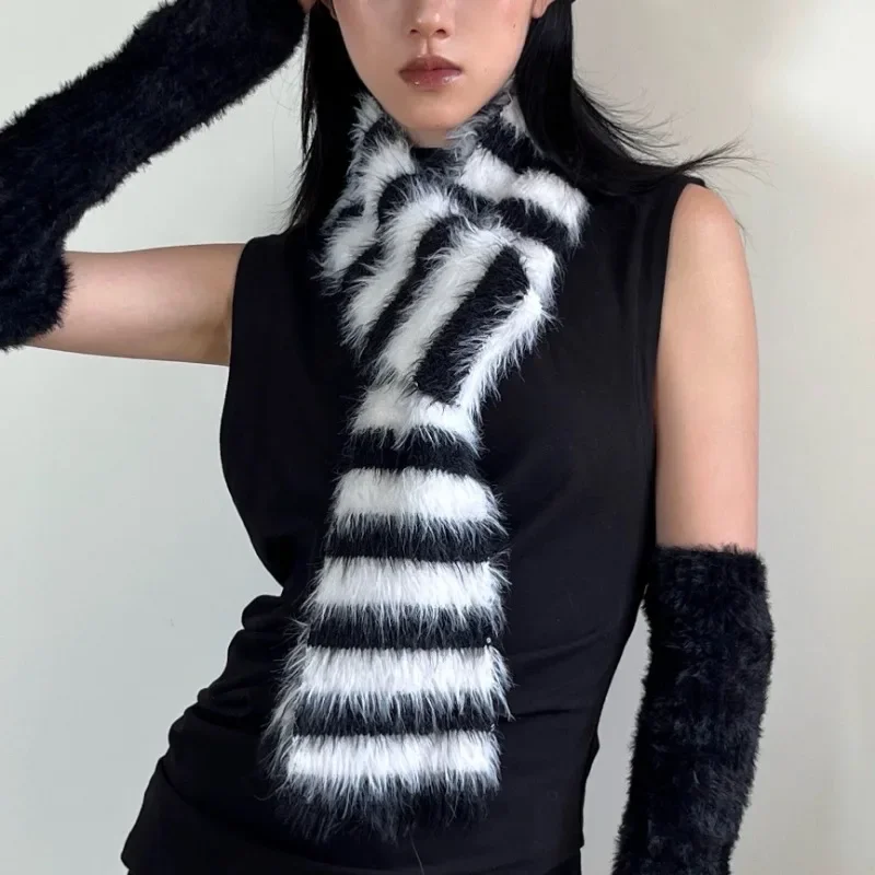 Plush Spinning Mink Black White Striped Knitted Long Scarf Women Winter Warmth Thin and Narrow Long Scarf Neck Protection Shawls