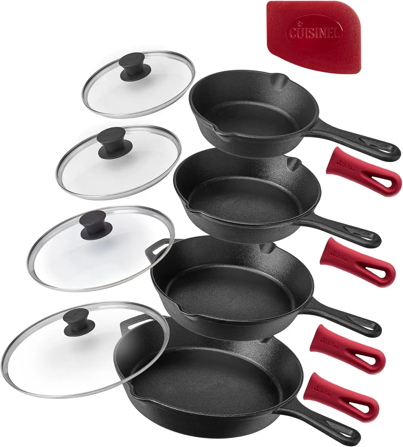 

6"+8"+10+12"-Inch Cast Iron Skillets Set + Glass Lids + Silicone Handle Grips - Pre-Seasoned Frying Pan - Oven Cookware - Use In