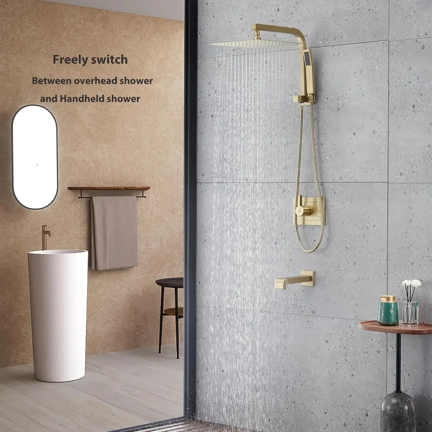 Brushed Gold Shower Fixtures, Gold Shower Faucet Set with 12 Inch Gold Shower Heads with Handheld Spray Combo and Tub Spout