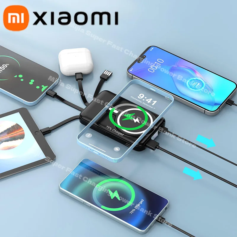 Xiaomi Wireless Portable Charger 50000mAh Magnetic Power Bank Cables LED Display 15W PD Fast Charging For iPhone 17 Samsung