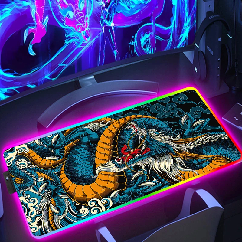 Alfombrilla de ratón para juegos RGB, accesorios de Gamer de Dragon japonés, alfombrilla de ratón de goma con luz LED para ordenador, alfombrilla de escritorio grande Rgb