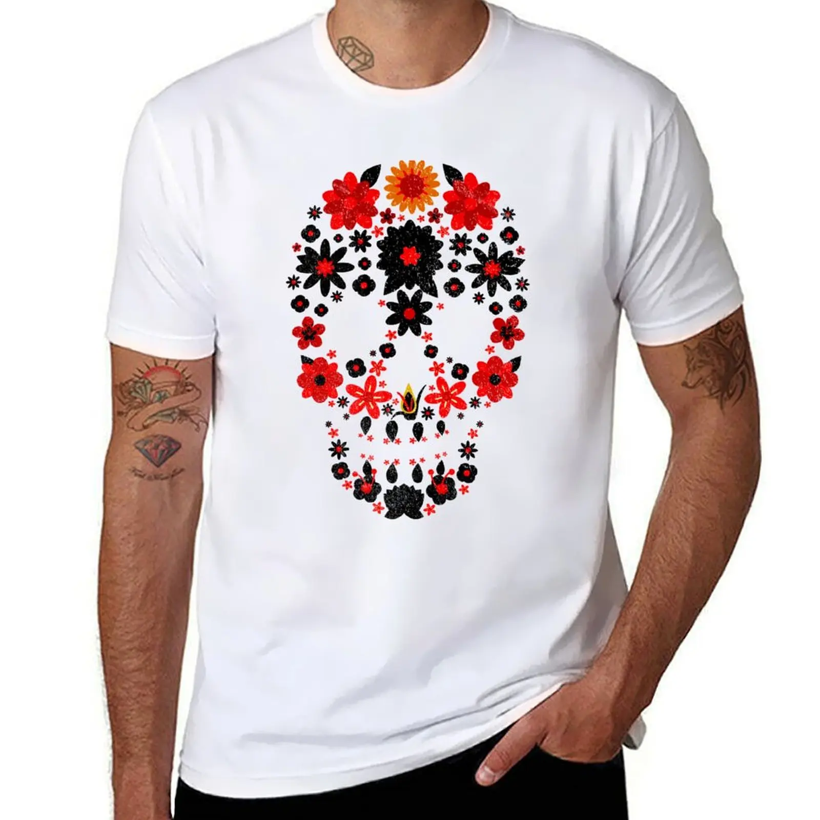 

Flower Sugar Skull--Flower Skull T-Shirt t shirt personalised man t shirts cotton T-shirt