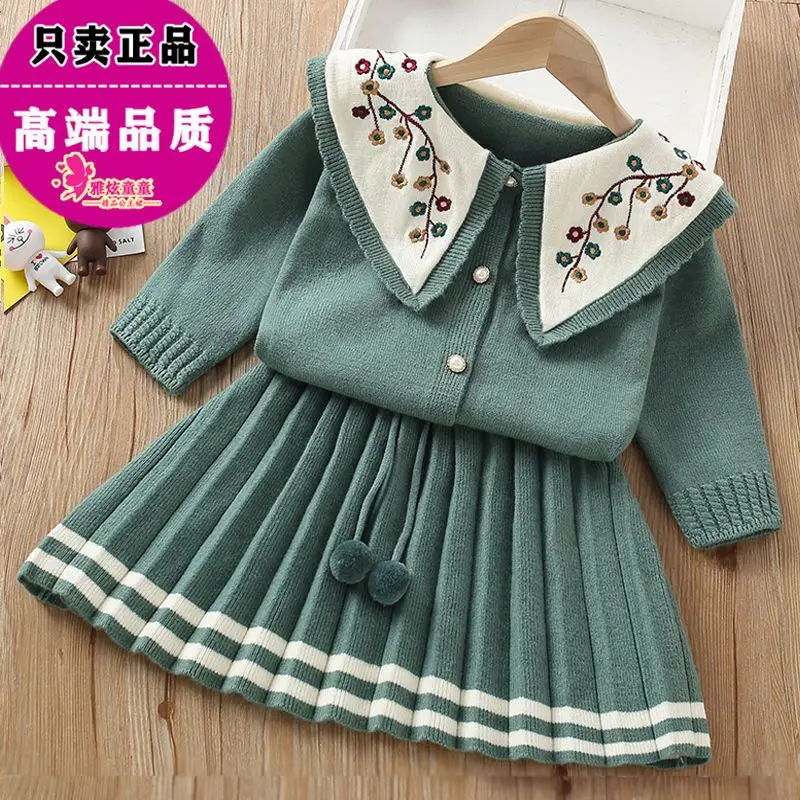 

Girls' Wool Dress Set Two-piece Set Stylish New Style Zhongda Children's Autumn Knitted Cardigan Skirt Embroidered Pleated Skirt