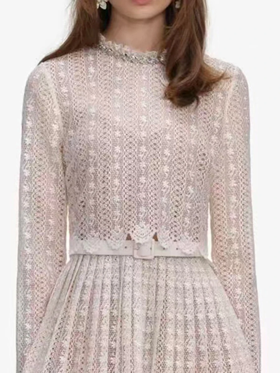 VGH الصلبة التخسيس فساتين الدانتيل الأنيقة للنساء جولة الرقبة طويلة الأكمام عالية الخصر الربيع عارضة حزب فستان قصير الإناث جديد