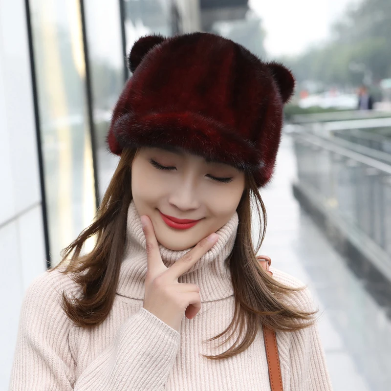 Genuine Mink Fur Hat Cute Cat\'s Ears Hat Black Small Tail Fur Hat Luxury Duck Tongue Caps Casual Ear Protection Baseball Hats