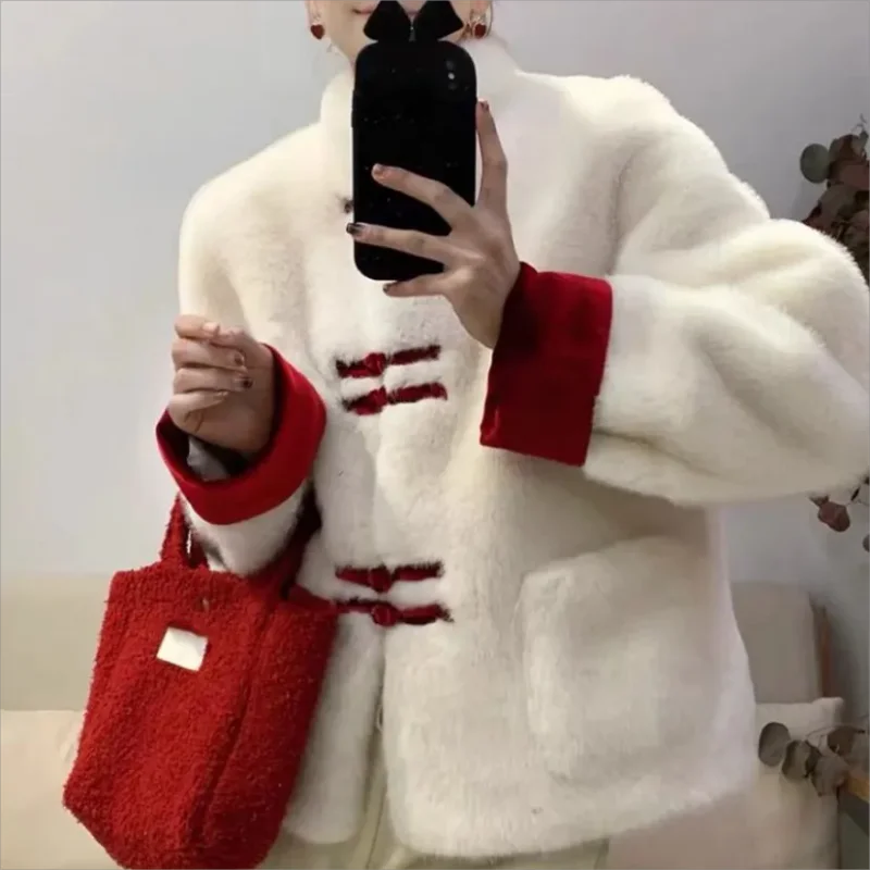 2024 Winter New Chinese style Environmental Protection Fur Imitation Mink Fur Coat Women's Pan Button Tang Costume High end Fur