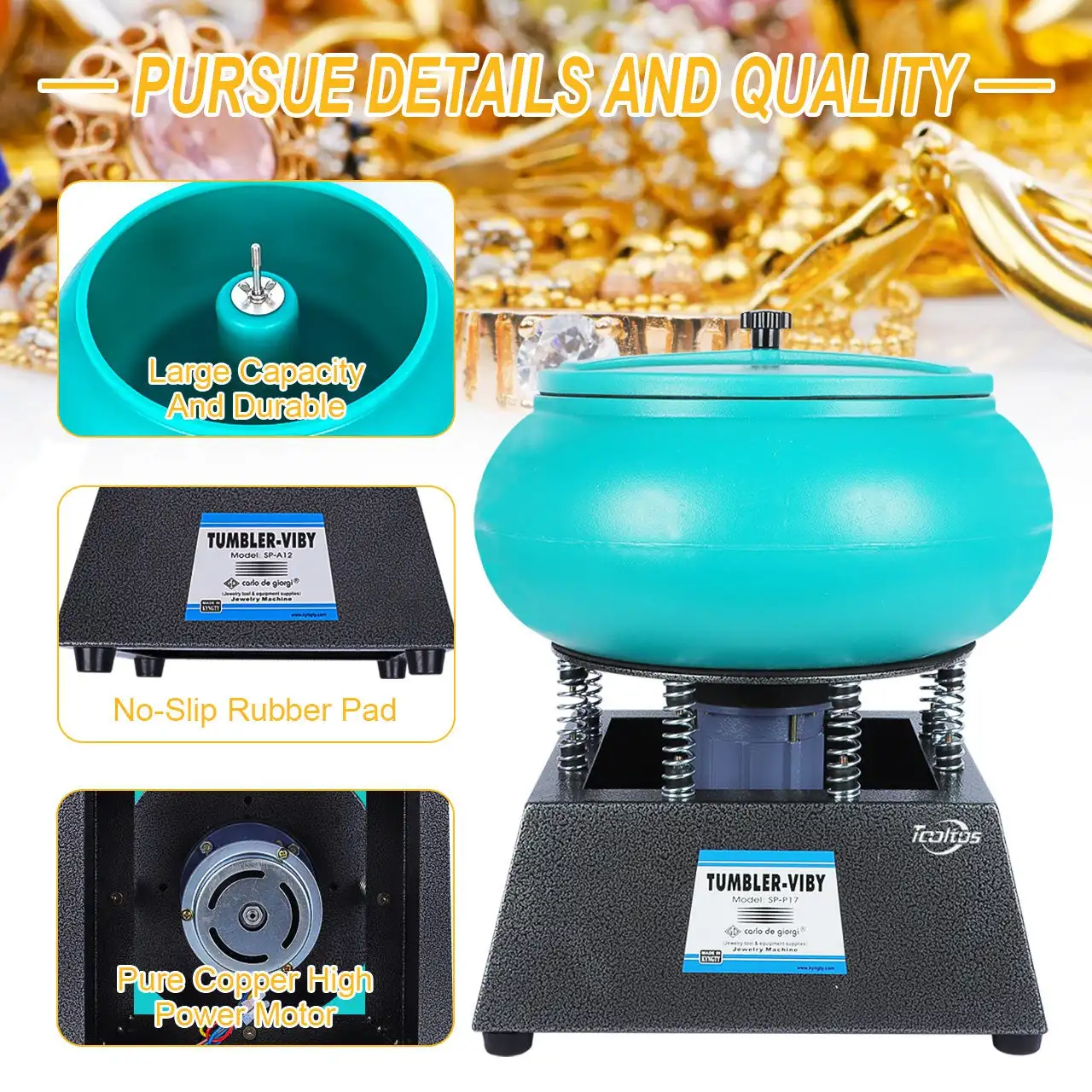 

SP-P17 17-дюймовый вибрационный стакан из нержавеющей стали с нефритовыми металлическими краями, 12 л, вибрационный стакан для полировки ювелирных изделий, очистки