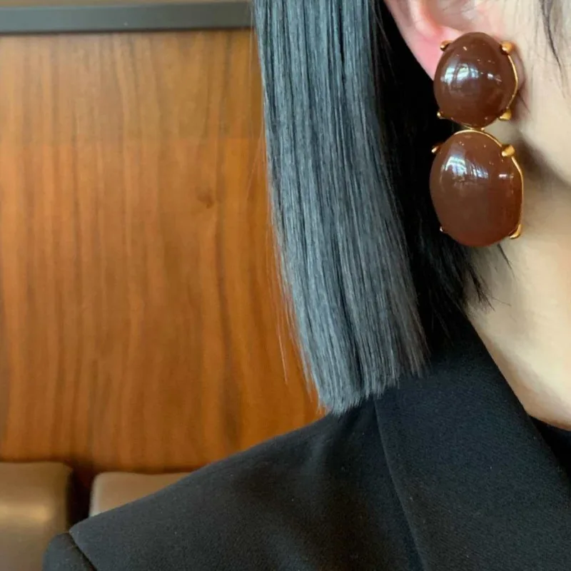 Exaggerated concave-convex oval artificial gemstone pendant resin earrings