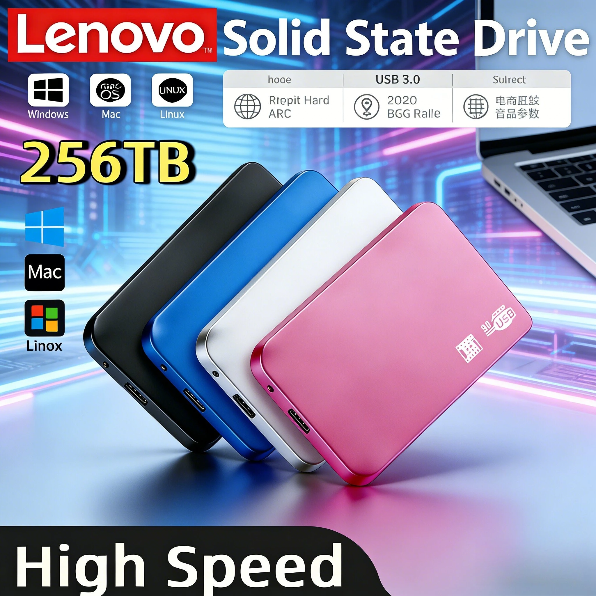 

Внешний корпус для SSD-накопителя Lenovo USB 3.0 4 ТБ, высокоскоростной, с кабелем, из ABS-пластика