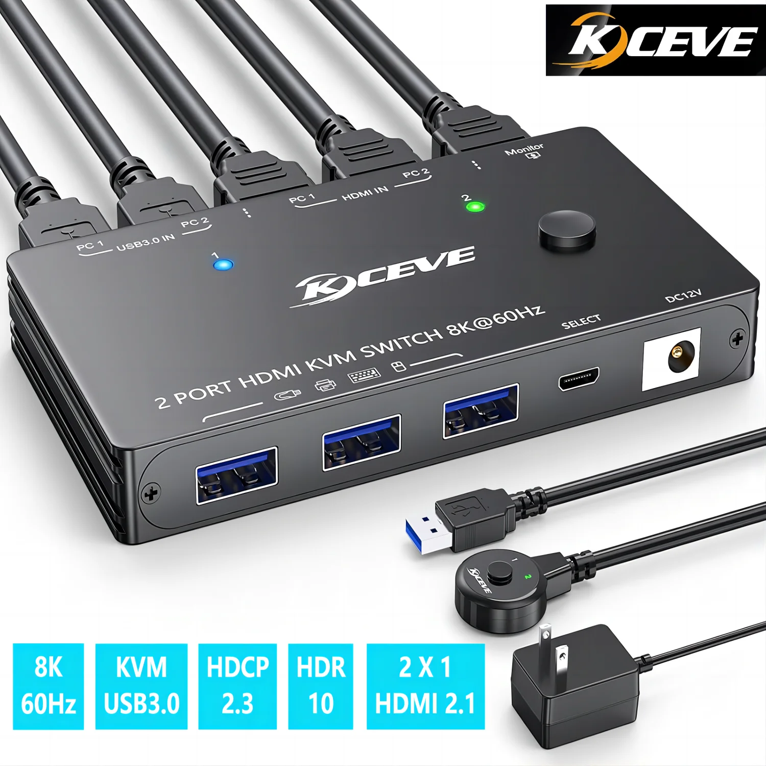 

8K KVM Switch HDMI 2 Port 8K@60Hz 4K@120Hz,HDMI KVM Switch for 2 Computers Share 1 Monitor and 3 USB 3.0 Devices,HDCP 2.3,HDR 10