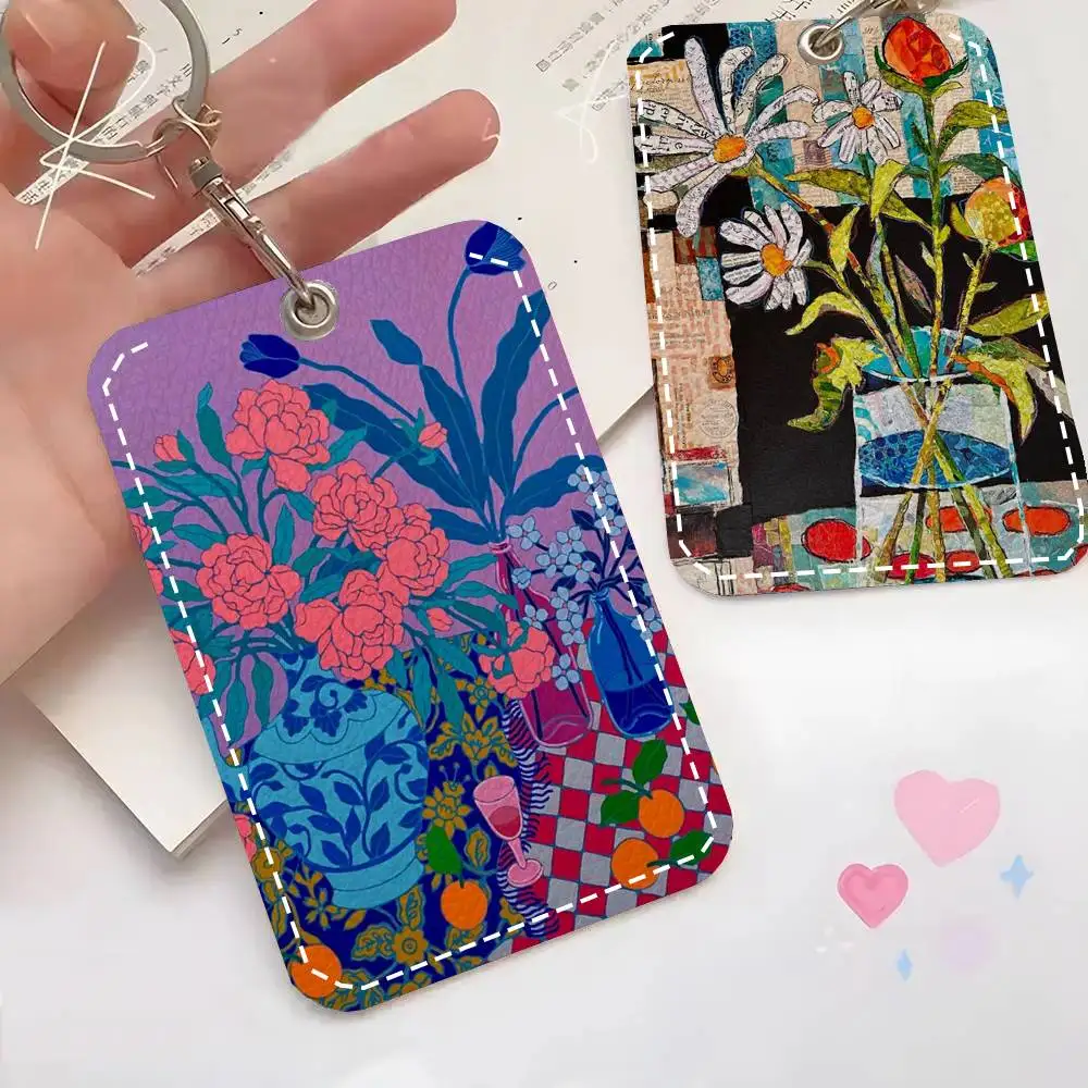Flower Pottery Art Card Case Keychain Access Card Bag Key Tag Ring Leather Card Holder Key Ring Access