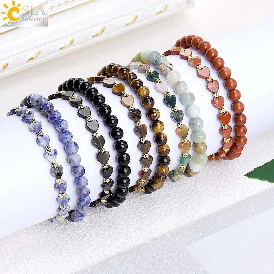 CSJA 2 Pcs Natural Stone Bracelets Adjustable White Crystal Tiger Eye Crystal Beaded Bangles for Women Couple Jewelry Gift H688
