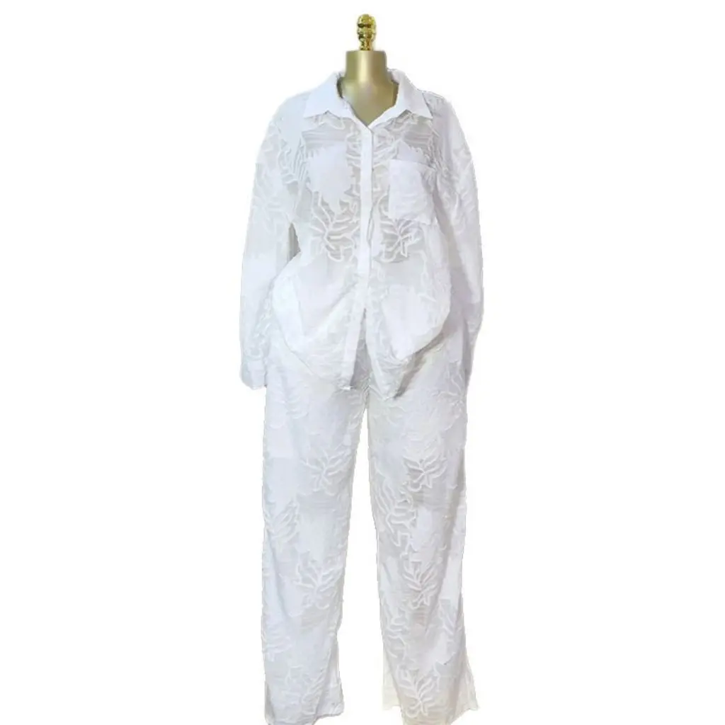 

Women's Summer Two-Piece Set Sweet Fresh Style European American Design High Waist Straight Leg Pants with Long Sleeve Shirt