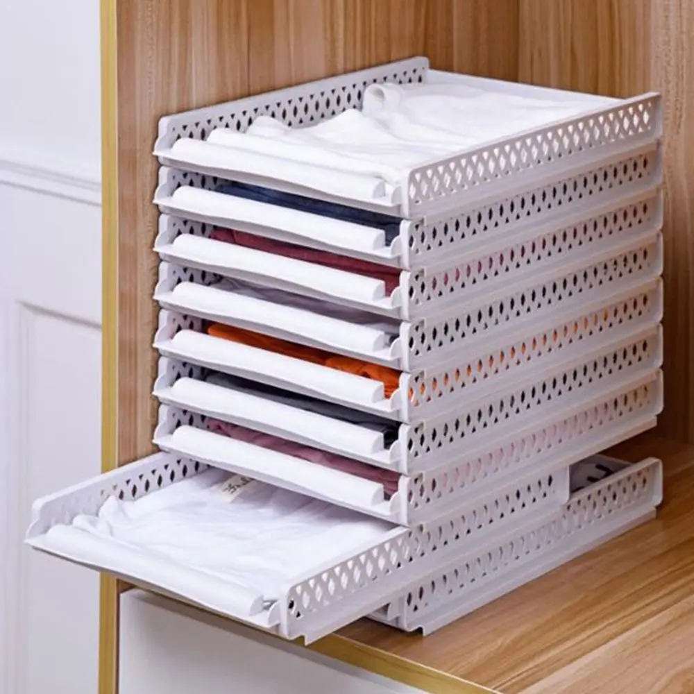 Plastic Clothes Storage Rack Large Capacity Folding Closet Storage Boxes Stackable Space Saving File Layered Partition Shelf