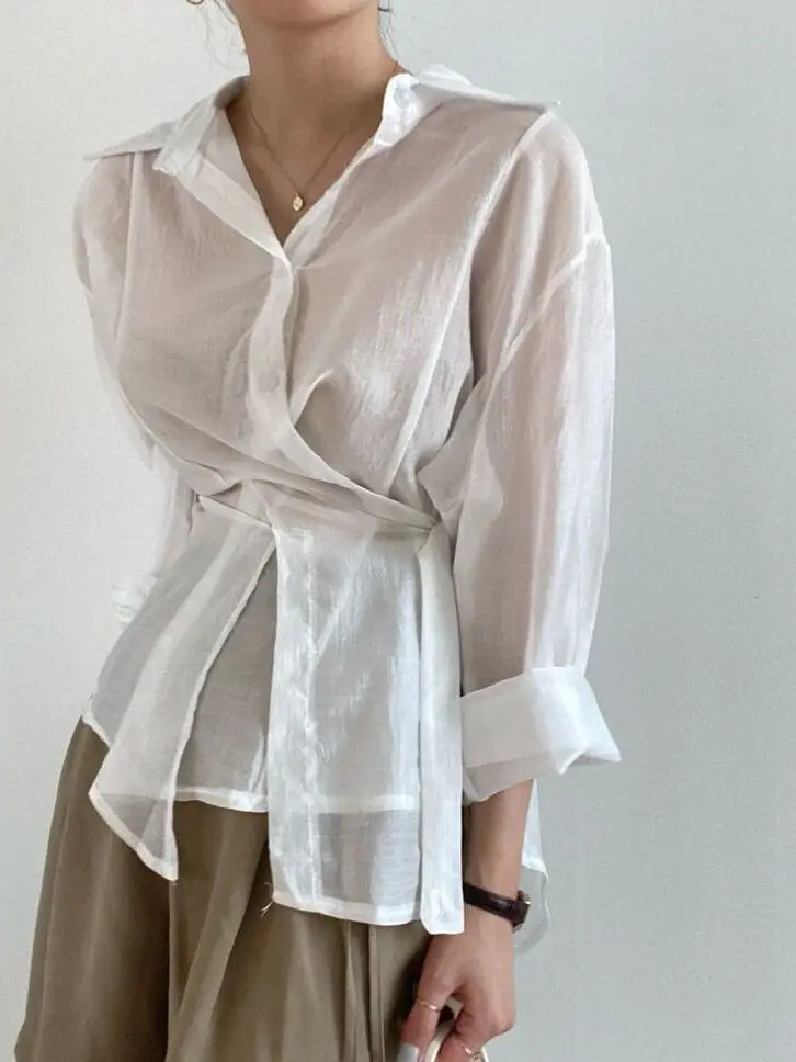 

Женская белая блузка с длинным рукавом, модный весенний дизайн, асимметричная талия, приталенный крой, классический воротник, легкий стиль Maturi Sle