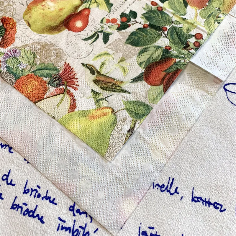 20Pcs/Bag Vintage Pear Tree Birds Flower Decoupage Paper Napkins Fruits Paper Tissues for Party Tableware Xmas Supplies 25x25cm