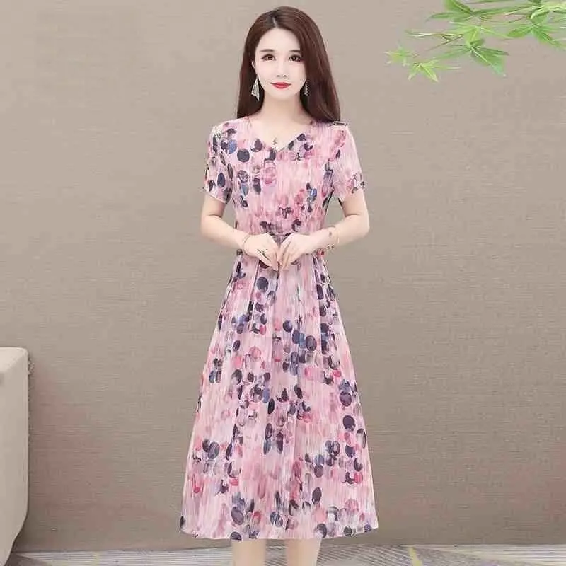 

Elegant High Waist Ice Silk Chiffon Dress Mom Summer New Style plus Size Waist Cinching Fashion Ageless A-Line Midi Dress
