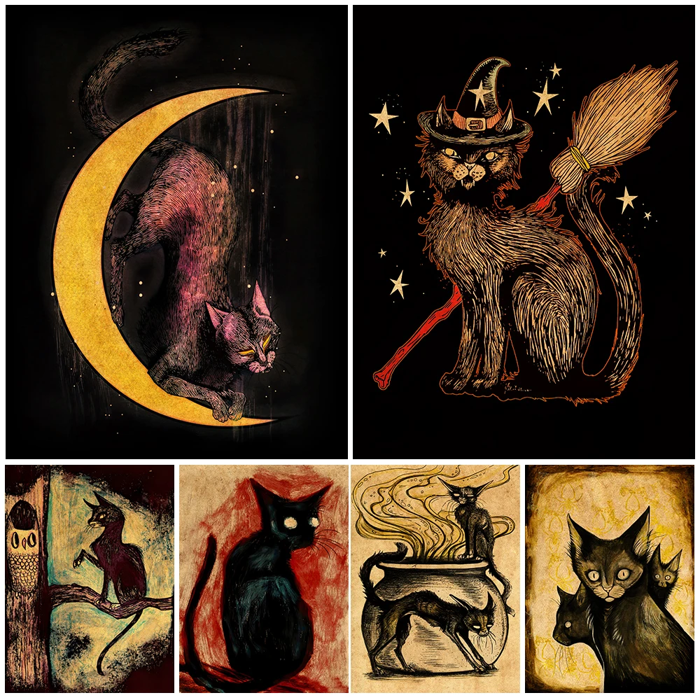 

Black Cat Wizard With Bat Wings Vintage Wall Art Canvas Painting Mooncat Wicca Magic Retro Art Poster And Prints For Living Room