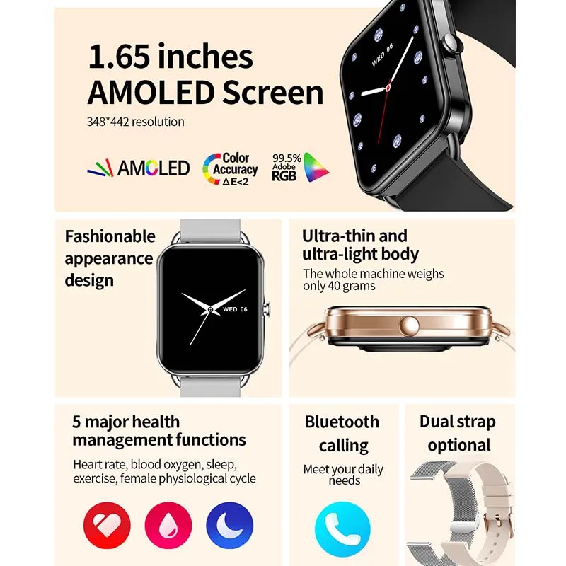 2024 Ultra-thin AMOLED Smart Watch Women Full Touch Screen Bluetooth Call Waterproof Watches Sport Fitness Tracker Smartwatch