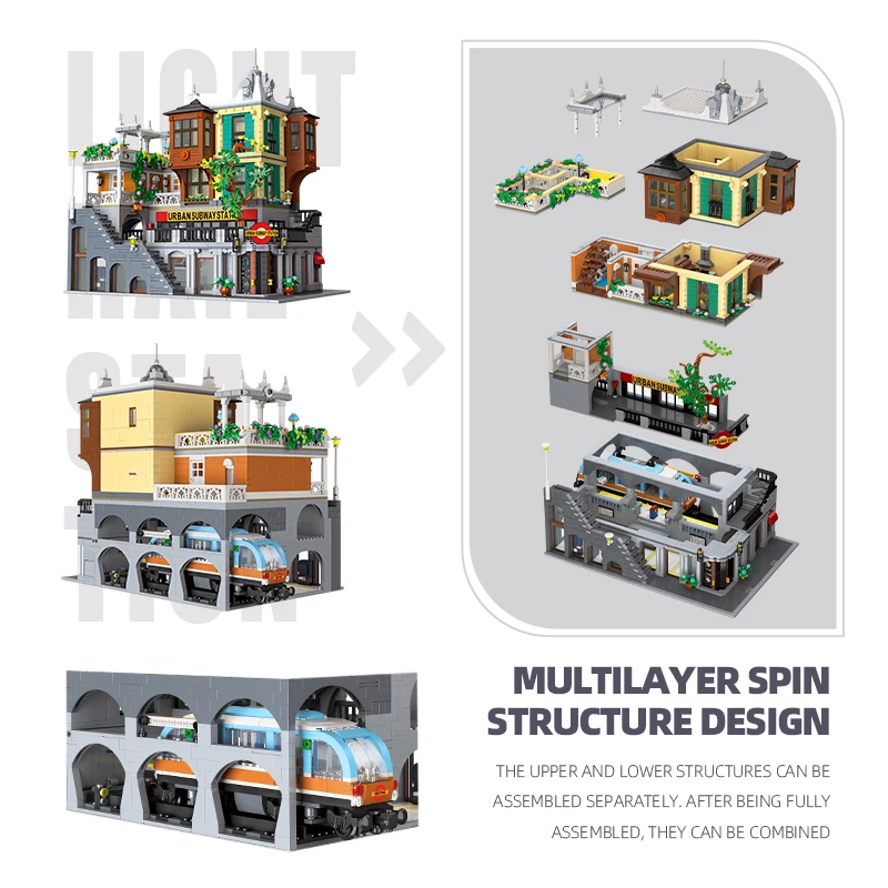 3692PCS Street View Series Bricks Urban Light Rail Station Building Block High Difficulty Creative Assembly Model Holiday Gift