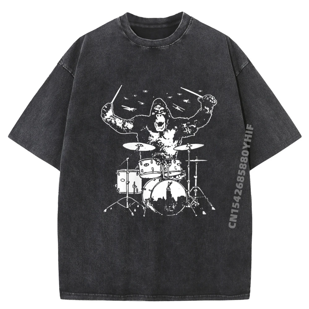 

King Rock Gorilla Monster Playing Comfortable Tees For Men Street T Shirts Retro Streetwear Washed T-shirts Mens Gift