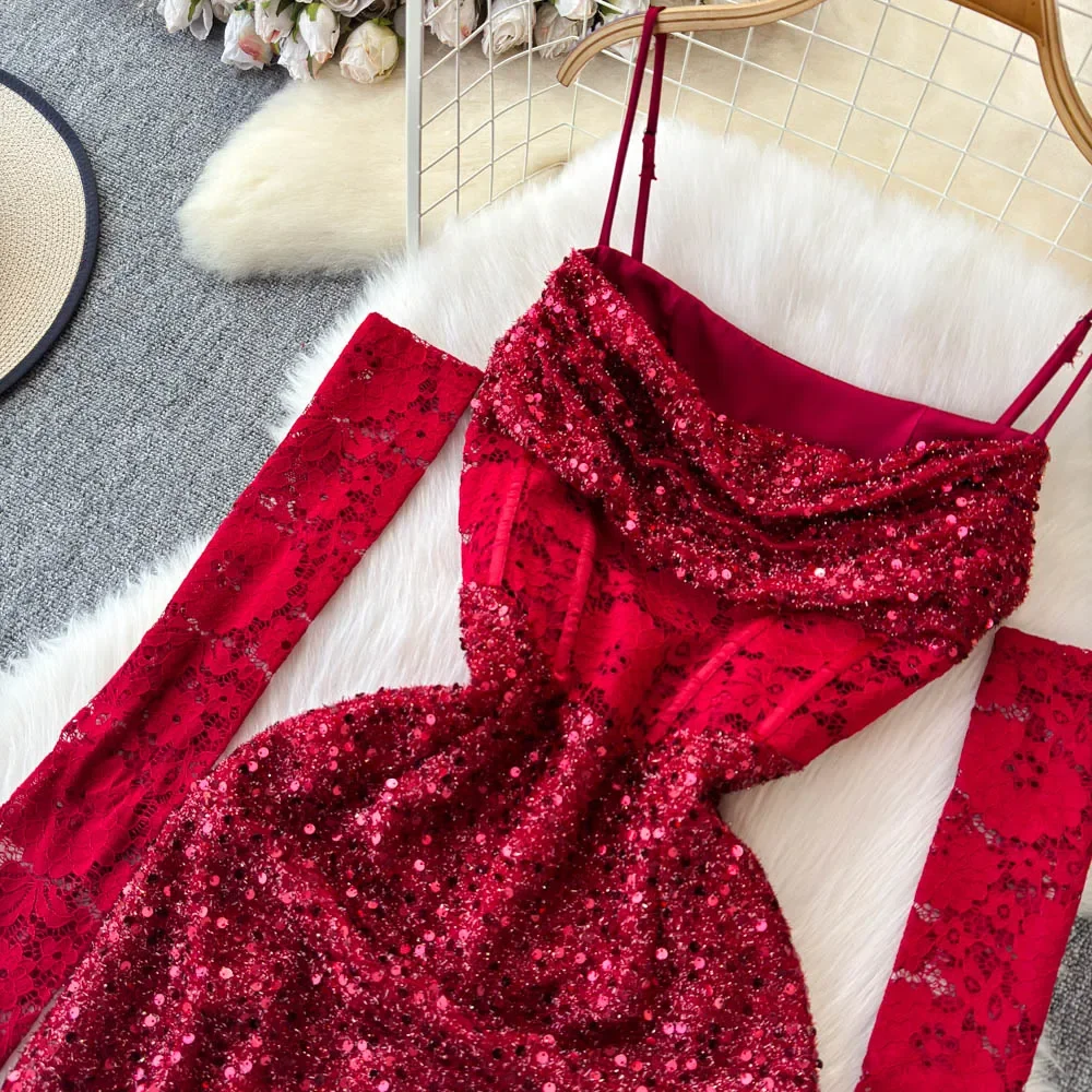 Sexy Red Sequined Suspender Dress Female High-end Birthday Dress Hip Fishtail Dress 2025 New Long Dresses for Women