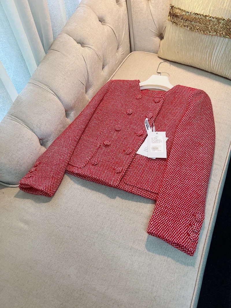 Guesed French Vintage Elegant Top Quality Ladies Wool Top Red Short Outerwear Female Double Breasted OL New Arrival