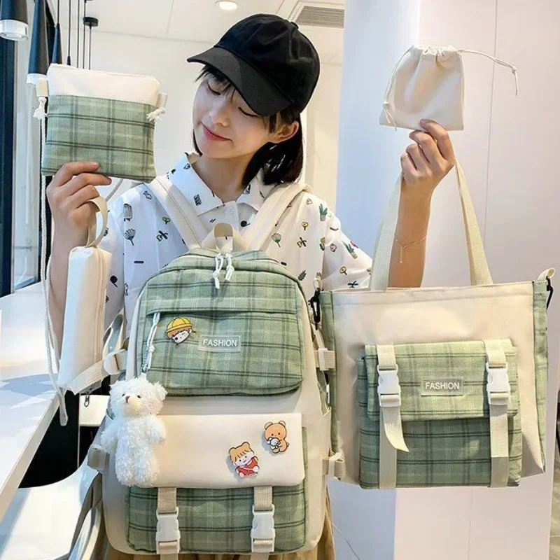 

Five Piece Cute Checkered Elementary School Student Backpack Female Korean Version Simple Casual Japanese Romantic Beige