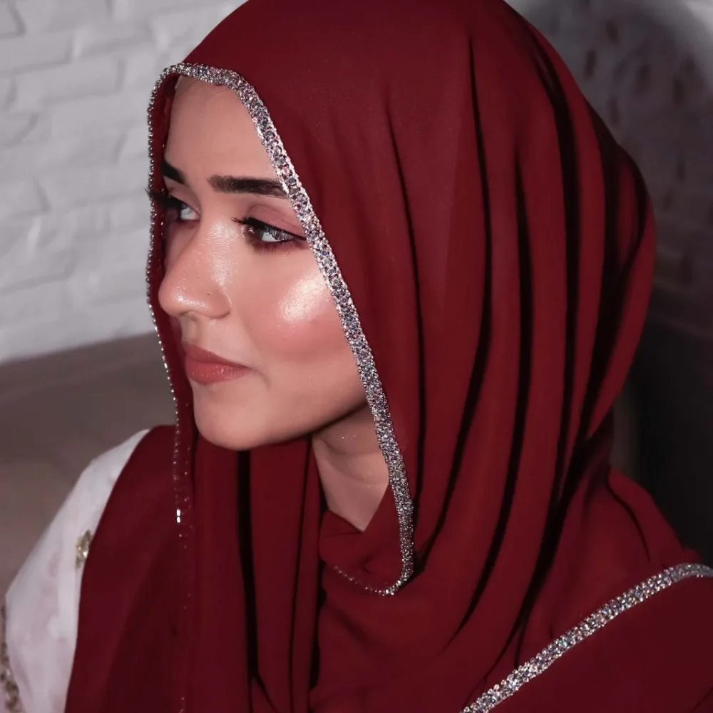 

New Design Bright Diamond Side Malay Hijab Solid Color Chiffon Headscarf Muslim Fashion Head Wrap for Women Girls