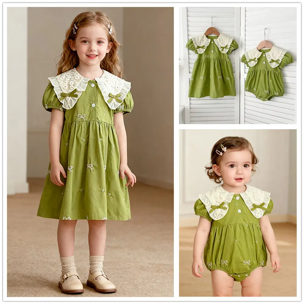 

Summer Baby Girls Romper Dress Butterfly Collar Embroidery Princess Sister Matching Outfits Big Sister Little Sister Family Look