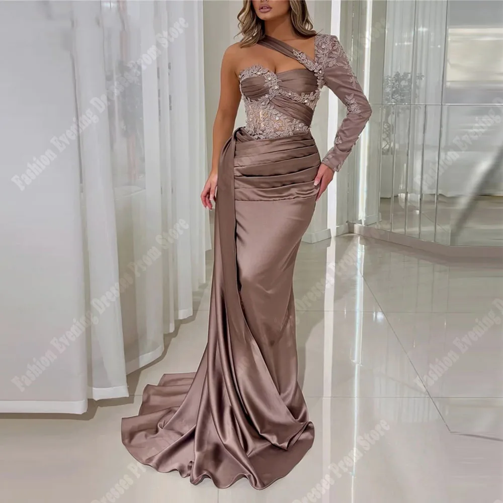 

Sexy Satin Beautiful Mermaid Evening Dresses Elegant Simple Single Shoulder Sleeves Mopping Length Prom Vestidos De Novias 2025