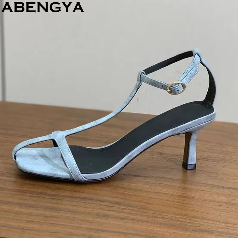 Summer Leather High Heels Sandals Woman Narrow Band Party Shoes Women Ankle Strap Square Toe Sandalias Mujer 2026