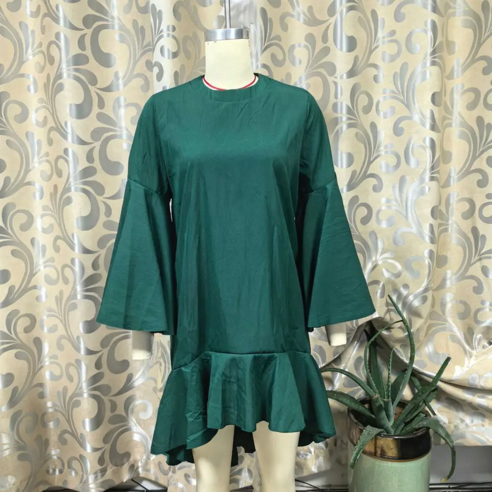 Casual Elegant Chiffon Dress Women O Neck Big Bell Sleeve Ruffle Asymmetric Loose Fit Summer Party Wedding Apparel