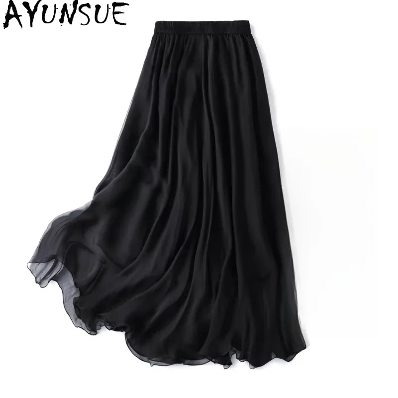 

AYUNSUE 100% Шелковые женские юбки, струящиеся длинные юбки для женщин, классическая черная юбка, летняя одежда для женщин 2026, высокое качество, 롱스커트