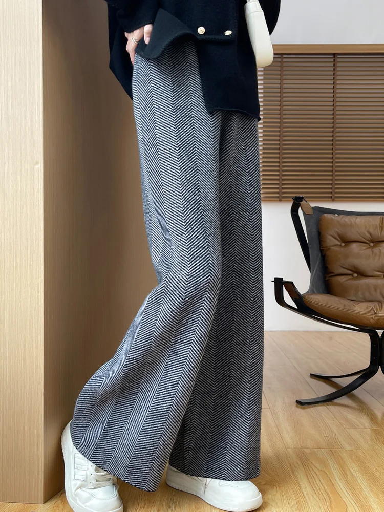 100% Merino Wool Women's Wide Leg Loose Autumn Winter Thick Casual Fashion Knitted Cashmere Pants
