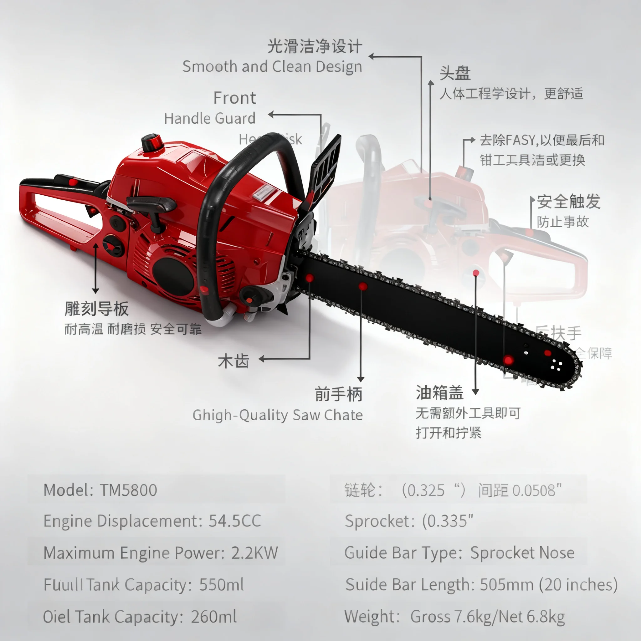 5800 Powerful Chainsaw, Portable Handheld Professional Logging Saw for Tree Cutting & Woodworking