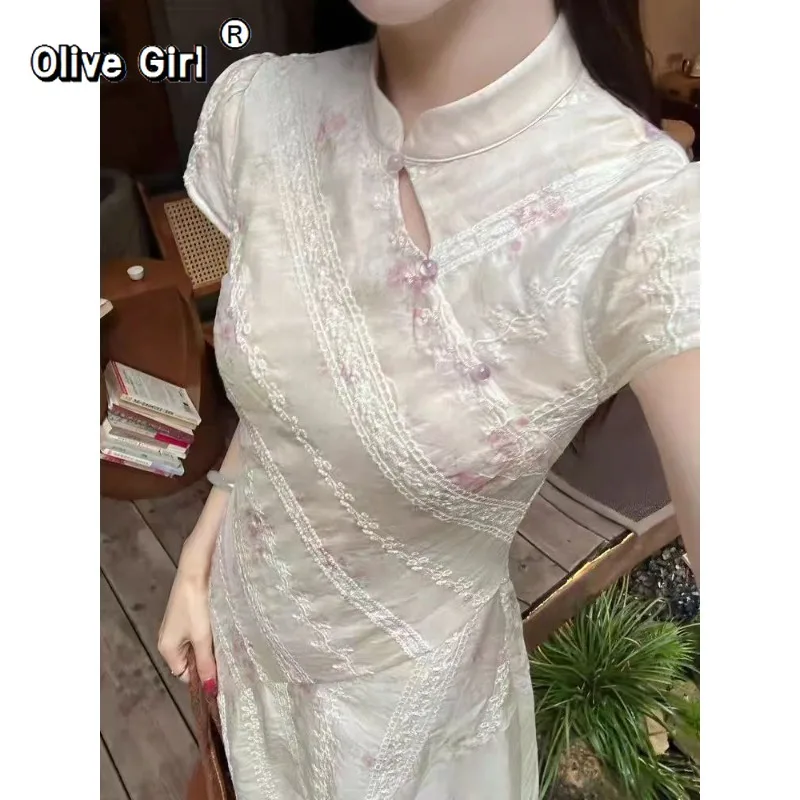 Olivegirl Ladies' Dress Qipao Cheongsam High-end Lace Patchwork Waist Cinching Floral Dress Elegant Sweet Women's Clothing
