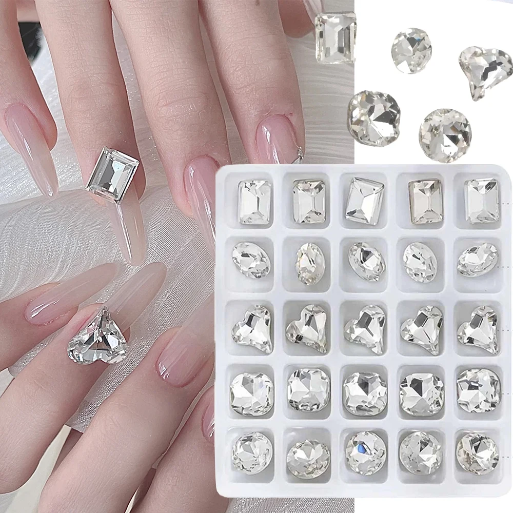 

25Pcs 3D Clear K9 Drill Pointed Back Nail Rhinestone Mixed Shapes Heart/Oval/Square/Round Glass Luxury Nail Gem DIY Crystal Deco