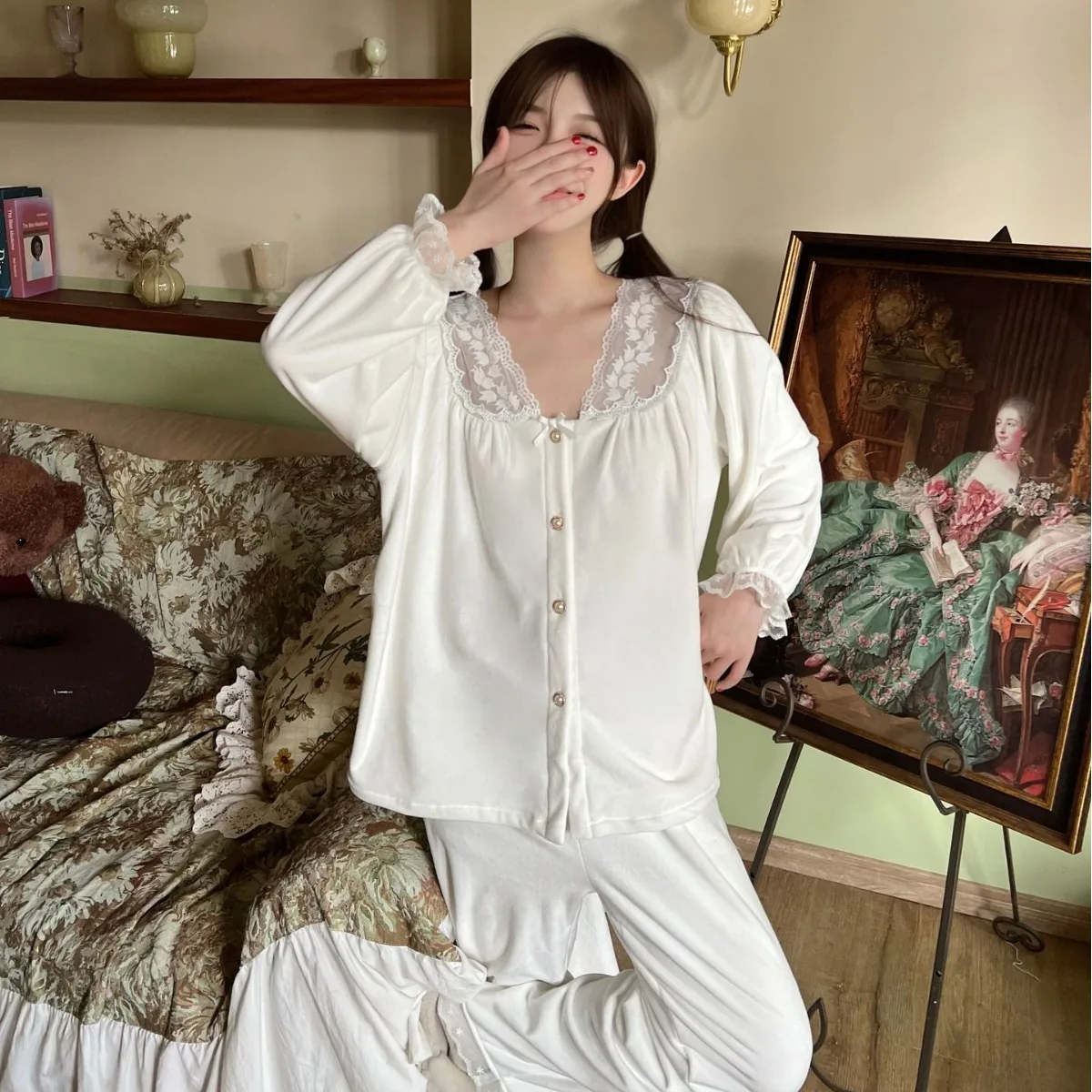 Sweet Pajama Sets Women Autumn Long Sleeve Vintage Lace V-Neck Sleep Shirt Pants Princess Sleepwear Home Clothes