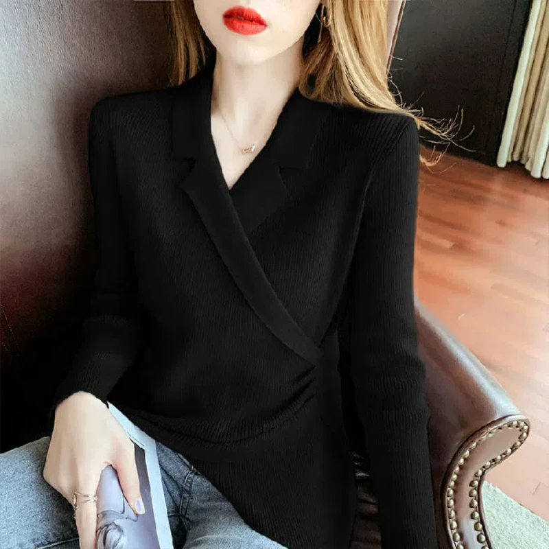 Autumn Fashion Elegant Sweater Pullover Simple Asymmetric Cross V-neck Long Sleeved Women\'s Solid Button Slim Versatile Knit Top