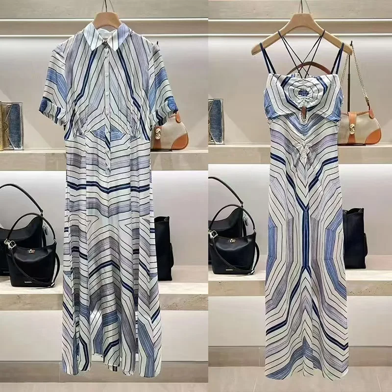 

Backless Strap Dress Geometric Printed Halter Neck Hanger High Waist 2025 Summer New Style Dresses for Women Luxury Designer