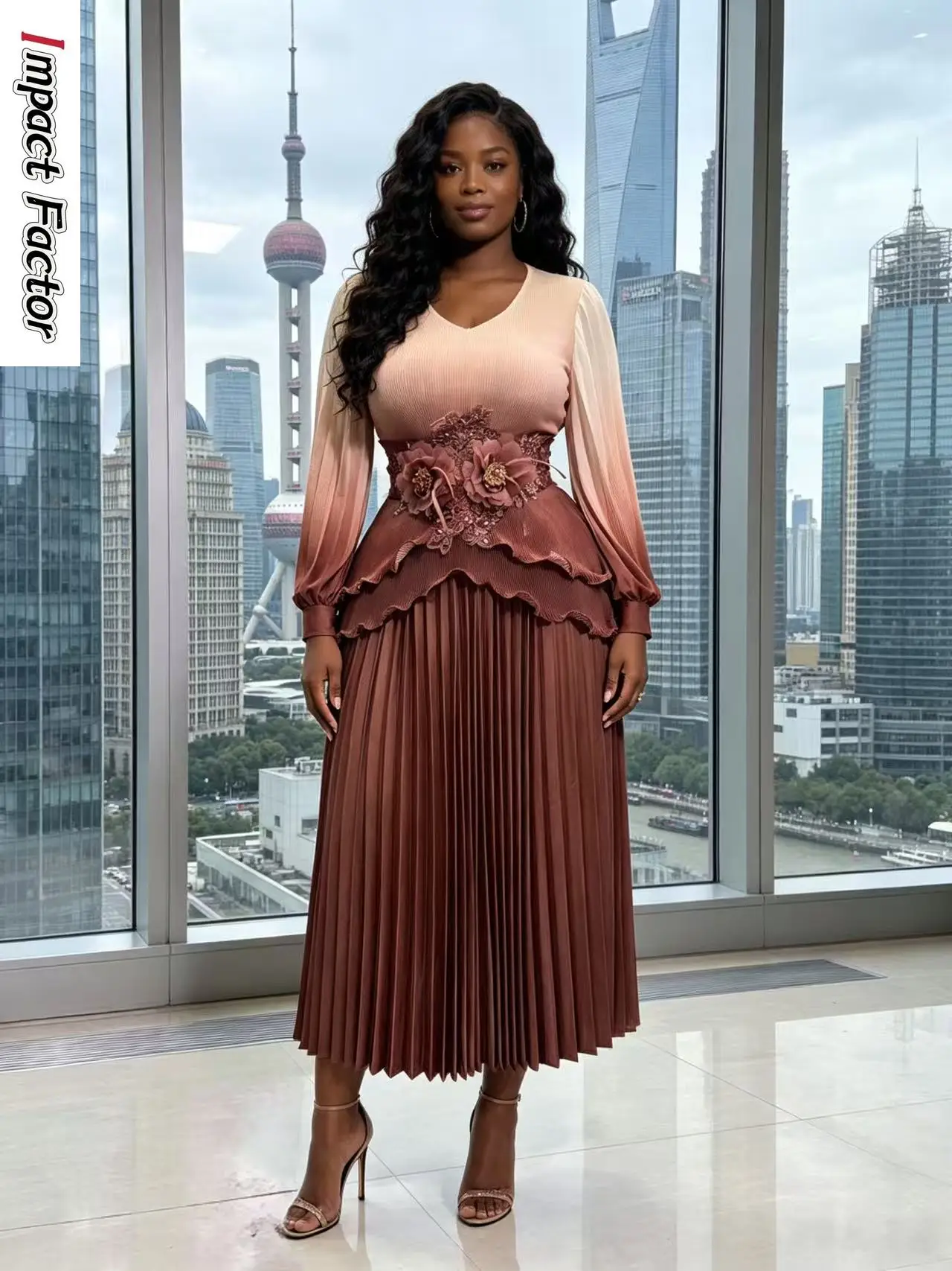 

2026 Miyake New Women's Clothing Long-sleeved Printing Gradual Change Dress Pleated Waist Loose Medium and Long Dress