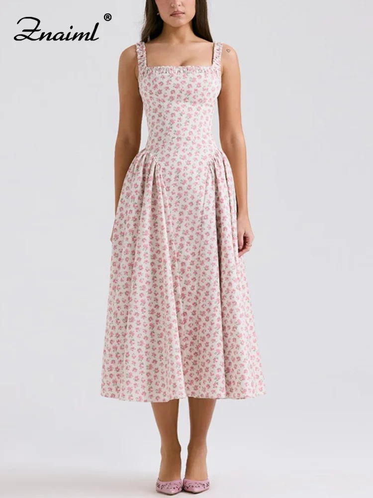 Znaiml Women Floral Midi Dress Sleeveless Square Neck High Waist A-Line Swing Summer Party Guest Dresses Bohemia Vacation Robe